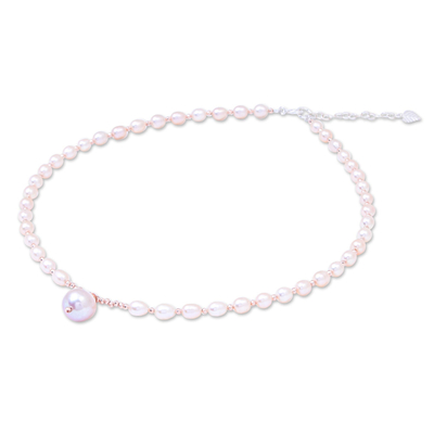 Collar de perlas cultivadas bañadas en oro rosa - Collar con colgante chapado en oro y perlas cultivadas hecho a mano