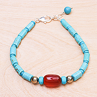 Carnelian and reconstituted turquoise beaded bracelet, 'Summer Morning'