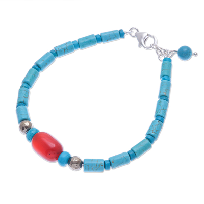 Carnelian and reconstituted turquoise beaded bracelet, 'Summer Morning' - Carnelian and Reconstituted Turquoise Beaded Bracelet