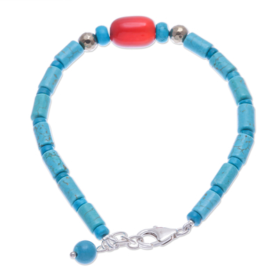 Carnelian and reconstituted turquoise beaded bracelet, 'Summer Morning' - Carnelian and Reconstituted Turquoise Beaded Bracelet