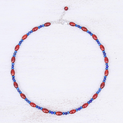Multi-gemstone beaded necklace, 'Candy Luck' - Handmade Carnelian and Lapis Lazuli Beaded Necklace