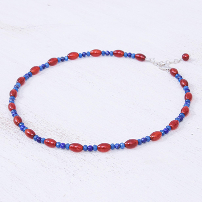 Multi-gemstone beaded necklace, 'Candy Luck' - Handmade Carnelian and Lapis Lazuli Beaded Necklace