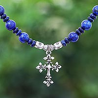 Lapis lazuli beaded pendant necklace, 'Sky and Sea Cross' - Handmade Lapis Lazuli Beaded Pendant Necklace