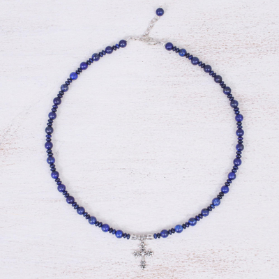 Lapis lazuli beaded pendant necklace, 'Sky and Sea Cross' - Handmade Lapis Lazuli Beaded Pendant Necklace