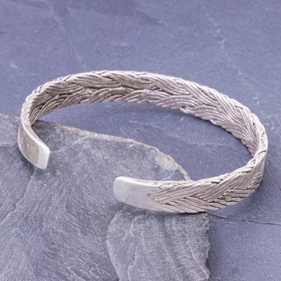 Sterling silver cuff bracelet, 'Artistic Twist' - Thai Hand Crafted Braided Sterling Silver Cuff Bracelet