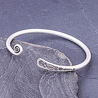 Sterling silver cuff bracelet, 'Fish and Flowers' - Thai Handmade Sterling Silver Cuff Bracelet