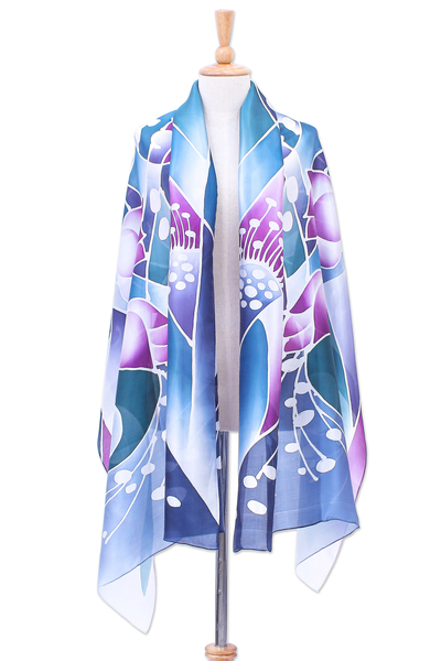 Hand-painted silk blend shawl, 'Violet Lotus' - Silk and Rayon Watercolor Batik Shawl from Thailand