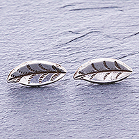Silver button earrings, Lanna Leaf