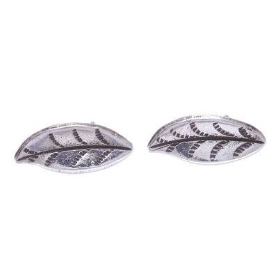 Silver button earrings, 'Lanna Leaf' - Hand Made Karen Silver Lanna Leaf Button Earrings