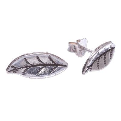 Silver button earrings, 'Lanna Leaf' - Hand Made Karen Silver Lanna Leaf Button Earrings