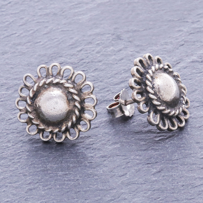 Silver button earrings, 'Sunflower Loops' - Hand Made Karen Silver Sunflower Button Earrings