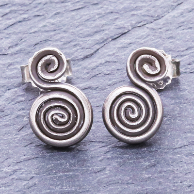 Silver stud earrings, 'Spiraling Circles' - Thai Hand Crafted Silver Spiral Stud Earrings