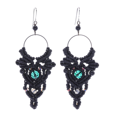 Black Macrame Cord Dangle Earrings with Onyx Beads