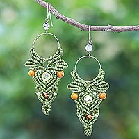 Multi-gemstone beaded macrame dangle earrings, 'Boho Party in Green' - Green Macrame Cord Dangle Earrings with Jasper  Beads