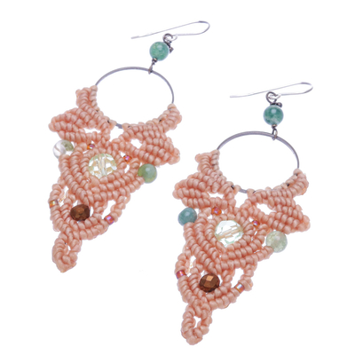 Agate beaded macrame dangle earrings, 'Boho Party in Beige' - Beige Macrame Cord Dangle Earrings with Agate Beads