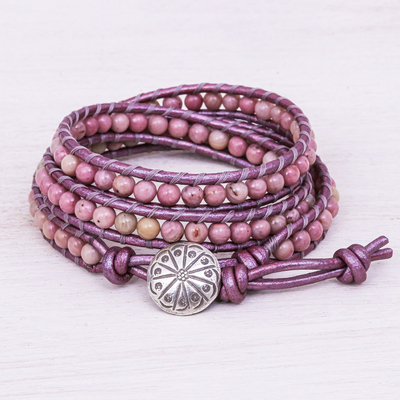 Rhodonite beaded wrap bracelet, 'Pink Candy' - Rhodonite Beaded Leather Cord Wrap Bracelet