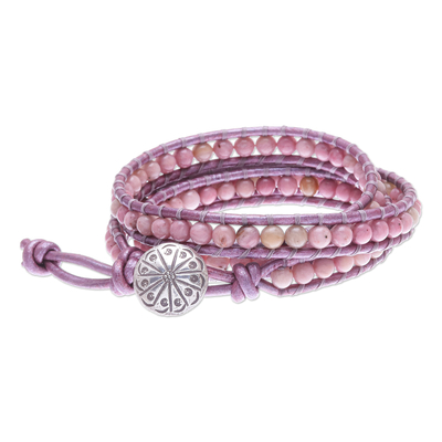 Rhodonite beaded wrap bracelet, 'Pink Candy' - Rhodonite Beaded Leather Cord Wrap Bracelet