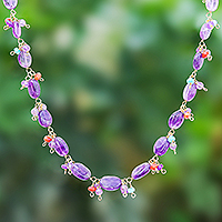 Gold Plated Necklace with Quartz and Amethyst Beads,'Sunset Mood in Violet'
