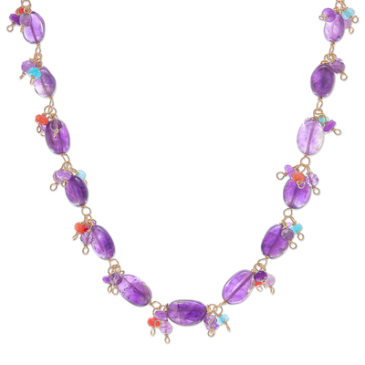 Gold Plated Necklace with Quartz and Amethyst Beads