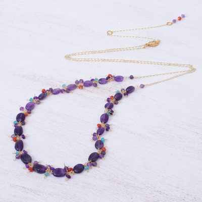 Gold-plated amethyst beaded necklace, 'Sunset Mood in Violet' - Gold Plated Necklace with Quartz and Amethyst Beads