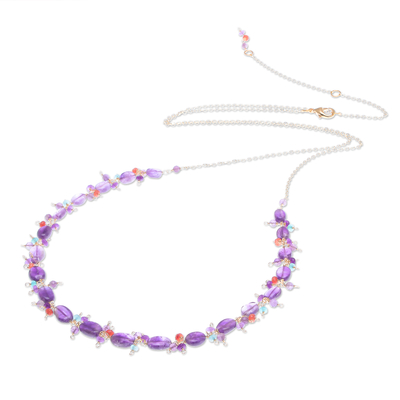 Gold-plated amethyst beaded necklace, 'Sunset Mood in Violet' - Gold Plated Necklace with Quartz and Amethyst Beads