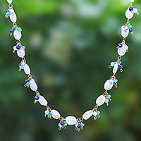 Gold-plated quartz beaded necklace, 'Sunset Mood in White' - Gold Plated Necklace with Quartz and Lapis Lazuli Beads