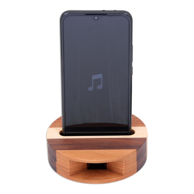 Teak wood phone speaker, 'Lively Sound' - Hand Crafted Round Teak Wood Smartphone Speaker