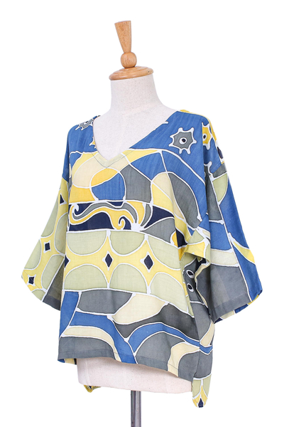 Cotton batik blouse, 'Ocean Song' - Artisan Crafted Cotton Batik Blouse from Thailand
