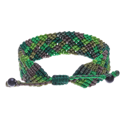 Onyx beaded macrame wristband bracelet, 'Spring Fling in Green' - Onyx Bead and Macrame Wristband Bracelet