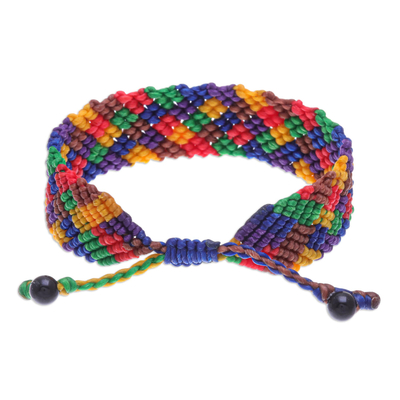 Onyx beaded macrame wristband bracelet, 'Forest Fun in Rainbow' - Rainbow Macrame Wristband Bracelet with Onyx Beads