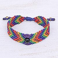 Onyx beaded macrame wristband bracelet, 'Rainbow Cool' - Onyx Bead and Macrame Rainbow Bracelet