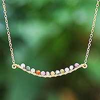Gold Plated Bar Necklace with Tourmaline Beads,'Golden Arc in Multi'