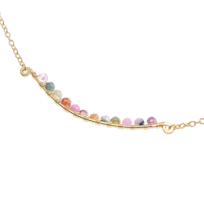 Gold-plated tourmaline bar necklace, 'Golden Arc in Multi' - Gold Plated Bar Necklace with Tourmaline Beads