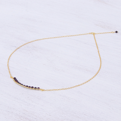 Gold-plated garnet bar necklace, 'Golden Arc in Red' - Gold Plated Sterling Silver Garnet Bar Necklace