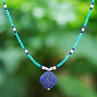 Howlite and lapis lazuli beaded pendant necklace, 'Nature Moon'