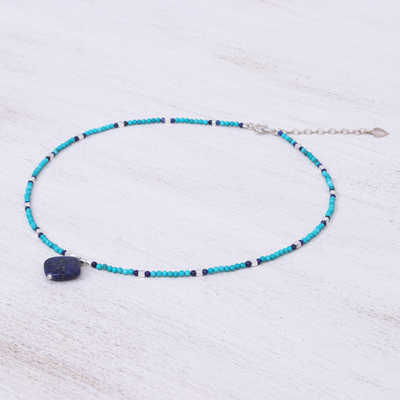 Howlite and lapis lazuli beaded pendant necklace, 'Nature Moon' - Lapis Lazuli and Blue Howlite Beaded Pendant Necklace