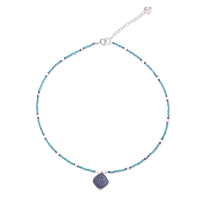 Howlite and lapis lazuli beaded pendant necklace, 'Nature Moon' - Lapis Lazuli and Blue Howlite Beaded Pendant Necklace
