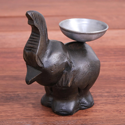 Wood tealight candleholder, 'Elephant Bearer' - Thai Raintree Wood Elephant Candle Holder