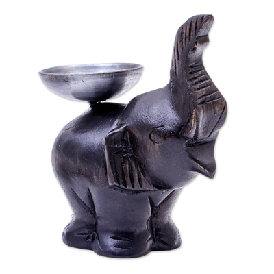 Wood tealight candleholder, 'Elephant Bearer' - Thai Raintree Wood Elephant Candle Holder