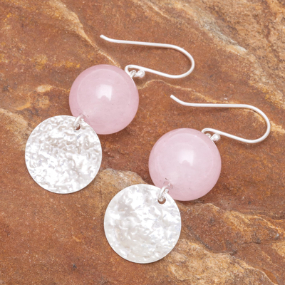 Rose quartz dangle earrings, 'Shining Moon in Pink' - Hand Crafted Rose Quartz and Sterling Silver Dangle Earrings