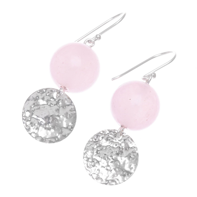 Rose quartz dangle earrings, 'Shining Moon in Pink' - Hand Crafted Rose Quartz and Sterling Silver Dangle Earrings