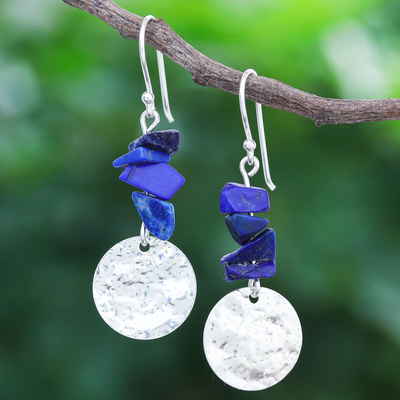 Lapis lazuli dangle earrings, 'Shining Moon in Blue' - Thai Lapis Lazuli and Sterling Silver Dangle Earrings