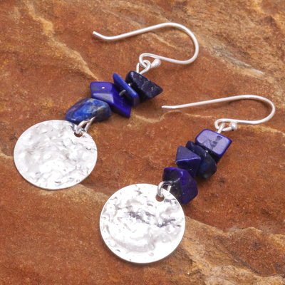 Lapis lazuli dangle earrings, 'Shining Moon in Blue' - Thai Lapis Lazuli and Sterling Silver Dangle Earrings