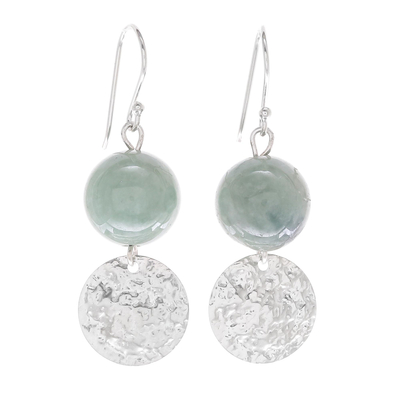 Jade dangle earrings, 'Shining Moon in Green' - Hand Made Jade and Sterling Silver Dangle Earrings