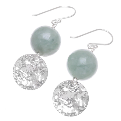 Jade dangle earrings, 'Shining Moon in Green' - Hand Made Jade and Sterling Silver Dangle Earrings