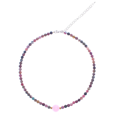 Tourmaline and rose quartz beaded pendant necklace, 'Precious Orb in Rose' - Hand Made Tourmaline and Rose Quartz Beaded Necklace