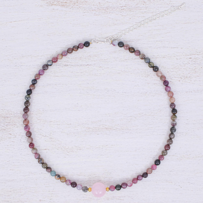 Tourmaline and rose quartz beaded pendant necklace, 'Precious Orb in Rose' - Hand Made Tourmaline and Rose Quartz Beaded Necklace