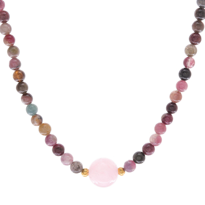 Halskette mit Anhänger aus Turmalin- und Rosenquarzperlen - Handgefertigte Turmalin- und Rosenquarz-Perlenkette