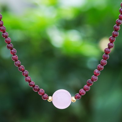 Garnet and rose quartz beaded pendant necklace, 'Precious Orb in Crimson' - Handmade Garnet and Rose Quartz Beaded Necklace