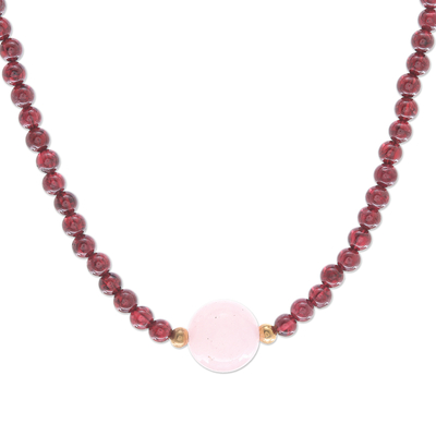 Garnet and rose quartz beaded pendant necklace, 'Precious Orb in Crimson' - Handmade Garnet and Rose Quartz Beaded Necklace